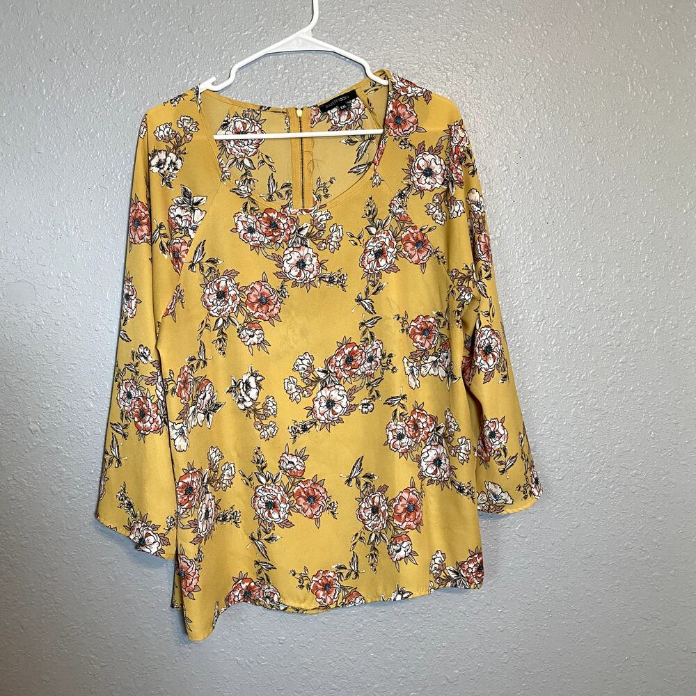 Papermoon Womens Large Boutique Top Yellow Floral 3/4 Sleeve Scoop Neck Blouse